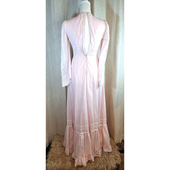 70's Pink Corset Dress Vintage Homemade Prairie Style Long Sleeve Maxi - Picture 9 of 13